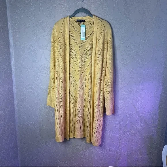 Yellow Open Knit Women's Sweater Love Ellie L Stitch Fix crochet butter yellow - Picture 1 of 4